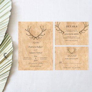 Modèle d'invitations de mariage en bois de cerf, faire invitation de mariage en bois d'automne bohème, faire-part de mariage imprimable en bois de cerf d'automne, faire-part de mariage rustique
