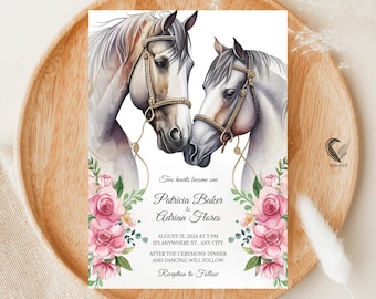 Horse Wedding Invitations Template, Floral Horse Wedding Invitations, Pink Floral Horses, Equestrian Wedding Invitations, Western Weeddings