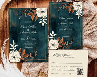 Teal and Copper Floral Wedding Invitation Template (Canva Editable)