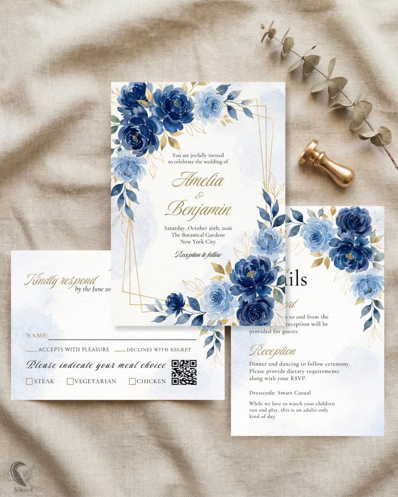 Blue Watercolor Floral Wedding Invitation Set: Elegant Navy Gold ...
