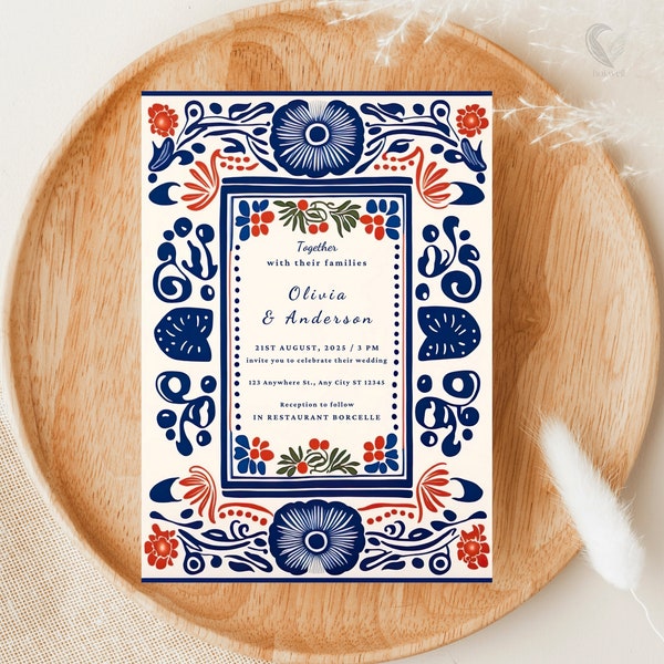 Blue & Red Talavera Tile Inspired Wedding Invite 5x7 - Elegant Digital Papel Picado Design, Mexican Wedding Invitation, Downloadable, H03M