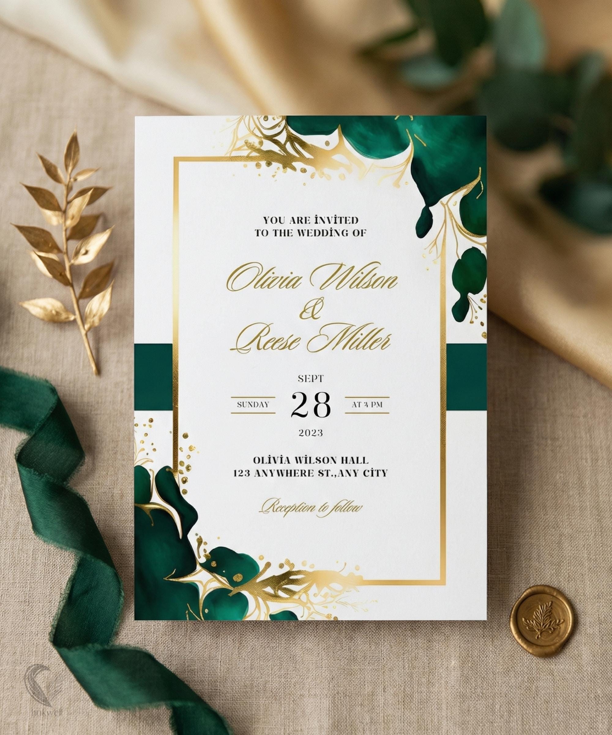 Emerald Green and Gold Wedding Invitation Template, Elegant Dark Green ...