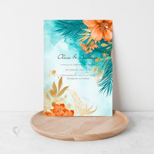 Editable 5x7 Wedding Invite in Teal & Coral Floral Design