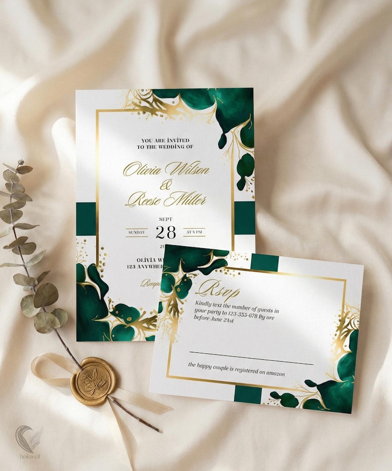 Emerald Green and Gold Wedding Invitation Template, Elegant Dark Green ...