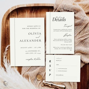 Conjunto de invitaciones de boda minimalistas, elegantes invitaciones de boda en beige y marfil, tarjetas RSVP modernas y sencillas, conjunto de invitaciones clásicas en tonos neutros.