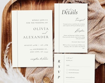 Minimalist Wedding Invitation Template Set, Modern Elegant Wedding Invite Suite with RSVP and Details Card, Editable Script Digital Download