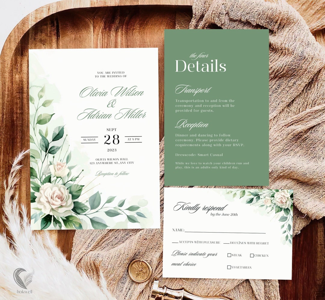 Sage Green Floral Wedding Invitation Suite, Elegant Greenery Wedding ...