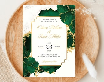 Emerald Green and Gold Wedding Invitations Template - Greenery - Floral - 5 x 7 inches - Nature Theme - Perfect for Wedding Inspiration