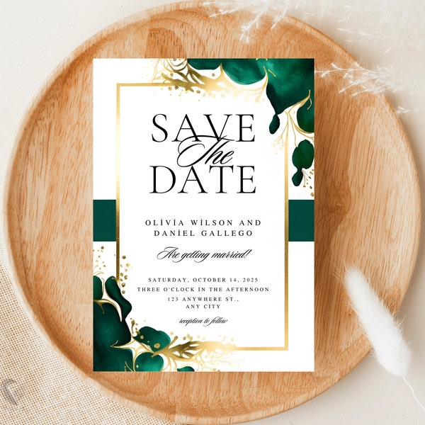 Luxe Emerald & Gold Geode-Inspired Save the Date Template, Modern Wedding Announcement, 5x7 Editable Digital Invite, Instant Access, H10EGG