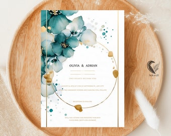 Sjabloon voor bruiloftsuitnodigingen in blauwgroen en goud | Turkoois, aquablauw, groen | Metallic champagneglitter | Luxe, elegante kaarten