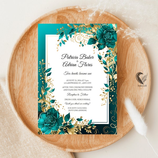 Teal and Gold Wedding Invitation Template - Wedding Invitation Teal - Turquoise Wedding Invitation - Aqua Wedding Invitation - Teal Invite