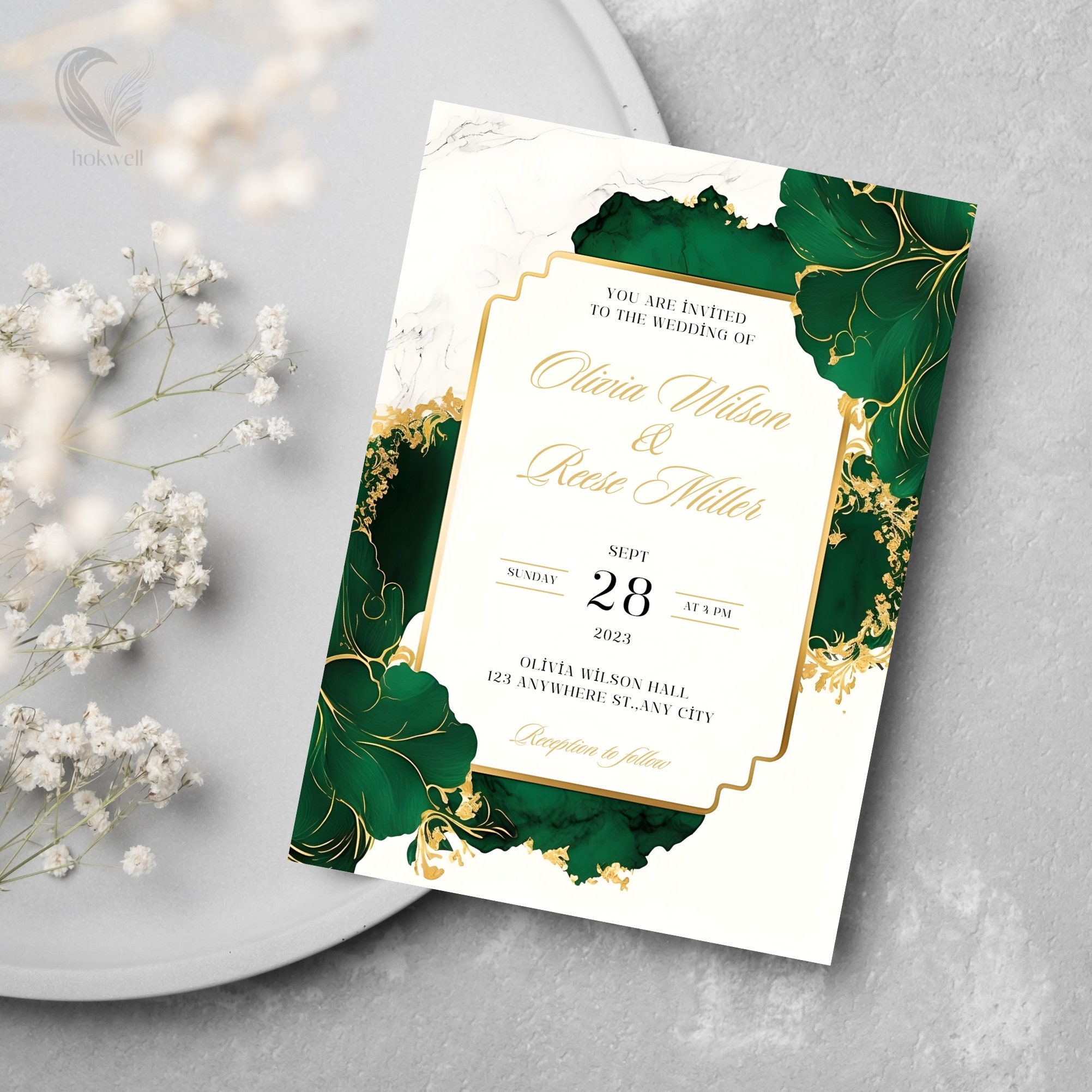 Emerald Green and Gold Wedding Invitations Template - Greenery - Floral ...