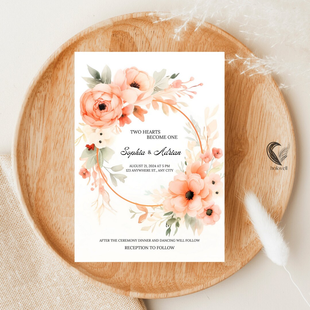 Peach Wedding Invitation Template Blush Floral Invite Design Coral
