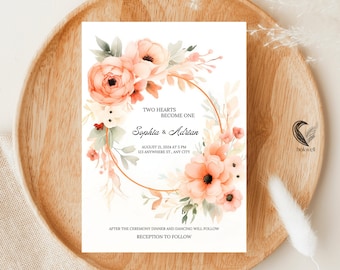 Peach Wedding Invitation Template | Blush Floral Invite Design Coral Blush | Rose Gold Invitations | Soft Pink Romance, Printable Invites