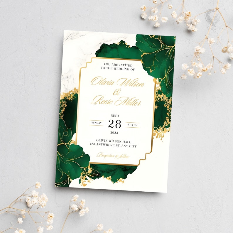 Emerald Green and Gold Wedding Invitations Template - Greenery - Floral ...