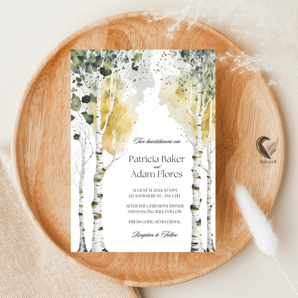 Birch Tree Wedding Invitations - Watercolor Yellow and Gray Design with Customizable Text and Image - Rustic, Naturalist Style - 5 x 7 Inch