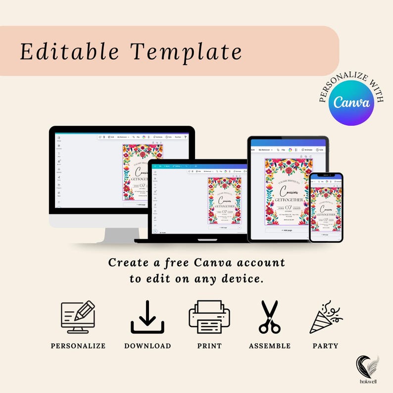 May include: An image showcasing a customizable template on various devices: a desktop computer, laptop, tablet, and smartphone. The template features a floral design with the text "Cousins Get Together" and the date "07". The image also includes the Canva logo and instructions to create a free account.