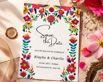 Vibrant Fiesta Save the Date Template | Colorful Mexican Folk Art Wedding Invite | Joyful Bright Floral Destination Wedding Card Editable