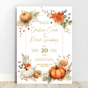 Modèle de faire-part de mariage citrouille, mariages automne et automne, thème orange vintage, faire-part de mariage citrouille avec or et vert terre