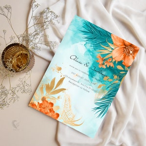 Editable Marriage Card in Vibrant Orange and Tropical Teal