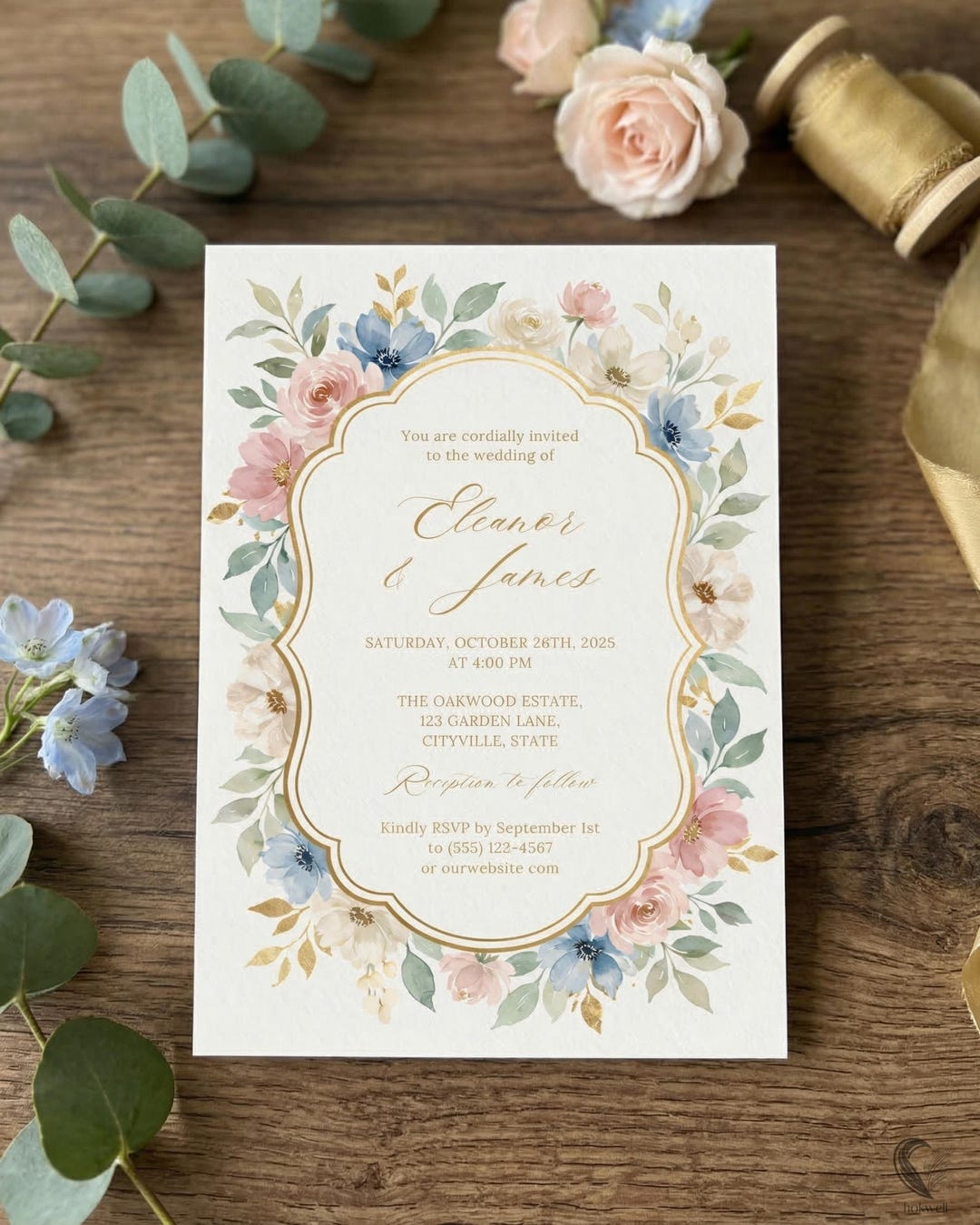 Floral Wedding Invitation Template With Gold Frame: Soft Pastel ...