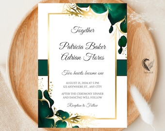 Emerald Green & Gold Wedding Invitation Template (Digital Download)