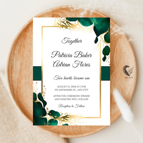 Emerald Green and Golden Yellow Wedding Invitation Template - Teal Wedding Invitation -  Dark Green Invitation for Modern Weddings