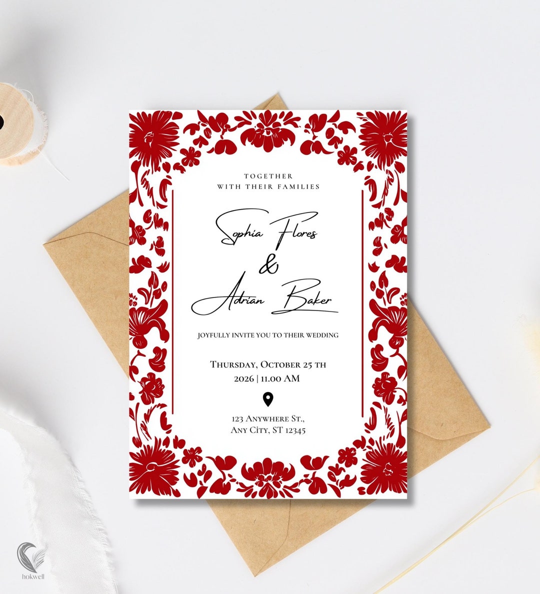 赤い花柄のメキシコ風結婚式招待状：タラベラ祭り、オトミ族の民芸品（デジタルダウンロード）, image size:1080x1188