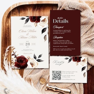 Bourgondië en ivoor huwelijksuitnodiging, elegante bloemen uitnodigingsset, herfsthuwelijksuitnodigingen, donkerrode en crèmekleurige bloemen, bewerkbare sjabloon