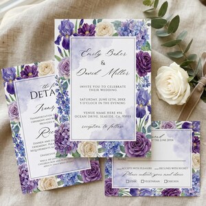 May include: Wedding invitation suite featuring floral designs in shades of purple, lavender, and white. The invitation includes the names "Emily Baker & David Miller" and event details. Includes RSVP and details cards.