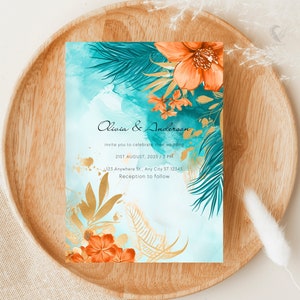 5x7 Invitation Template in Teal & Coral Floral Theme