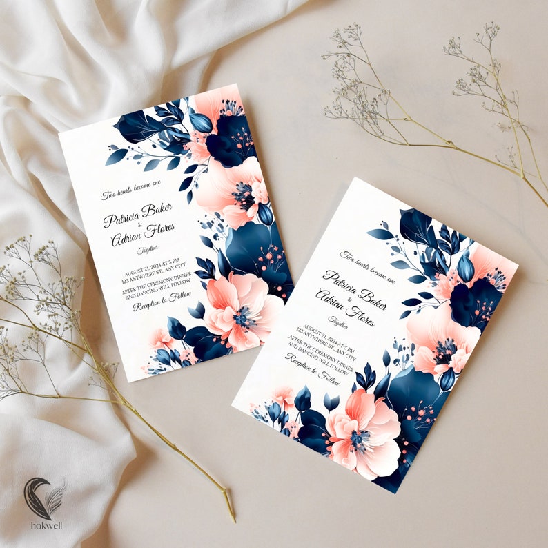 Navy Blue and Coral Wedding Invitation Template, Navy Blue and Coral