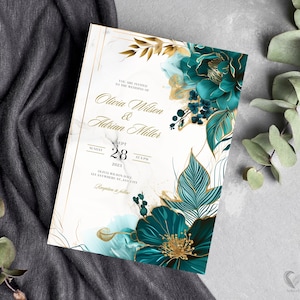 Invito a nozze con accenti dorati e floreali turchesi, modello digitale modificabile 5x7, biglietto di matrimonio botanico, download immediato stampabile, H03TUG