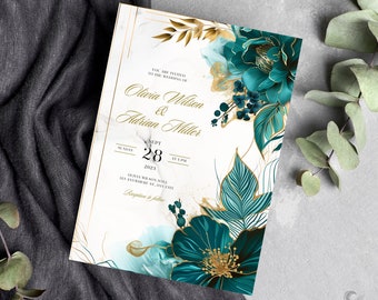 Faire part de mariage bleu sarcelle floral et accents dorés, modèle numérique modifiable 5 x 7, carte de mariage botanique, téléchargement immédiat, H03TUG