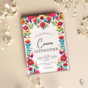 Boho Mexican Party Invite, Colorful Floral Fiesta Invitation, Otomi Folk Art Cousins Get Together