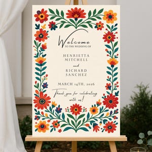 Cartello di benvenuto per matrimonio messicano, cartello per festa floreale di Talavera, cartello per matrimonio in stile folk rosso e giallo, poster di benvenuto spagnolo stampabile