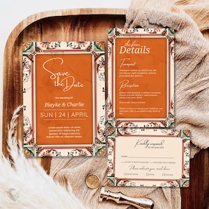 Invitación de boda mexicana, azulejos de talavera verde y terracota, invitaciones editables para fiestas, conjunto rústico floral para boda, tarjetas bohemias para guardar la fecha