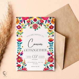 Mexican Floral Fiesta Invitation, Cousins Gathering Invite, Bright Otomi Folk Art Party Invitation