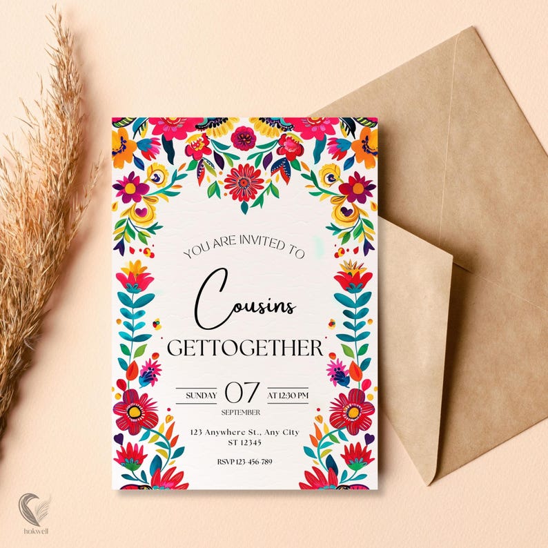 Mexican Floral Fiesta Invitation, Cousins Gathering Invite, Bright Otomi Folk Art Party Invitation