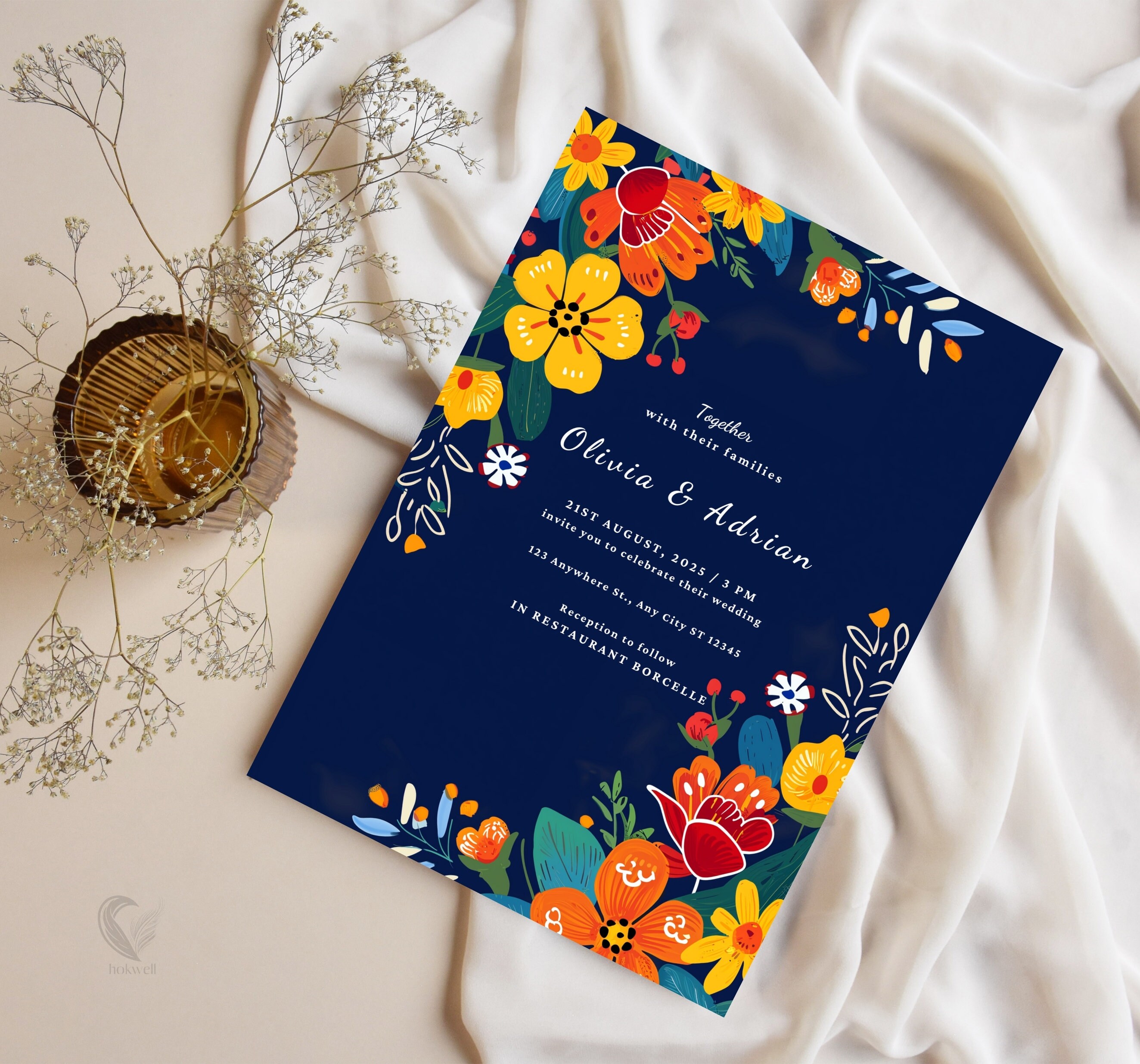 Blue Mexican Talavera Invitation Template, 5x7 Floral Printable Wedding
