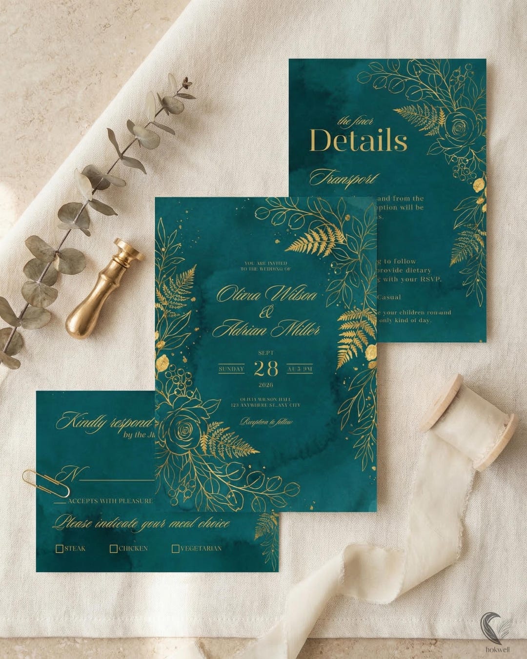 Emerald Green Wedding Invitation Template: Gold Foil Floral Wedding Set ...