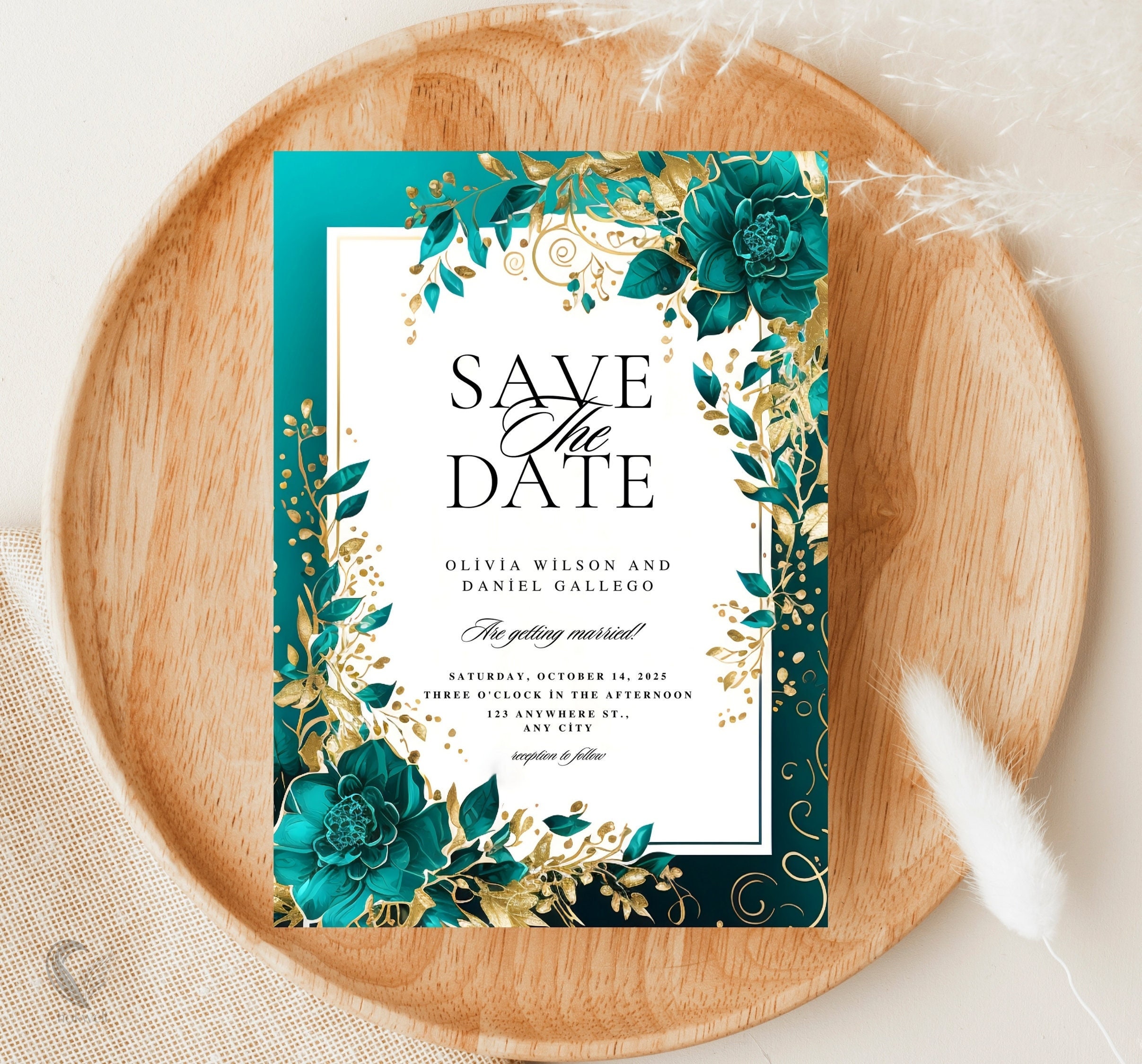 Luxe Teal & Gold Floral Save the Date, Customizable 5x7 Wedding Card, Elegant Digital Save the Date with Golden Accents, H28TG