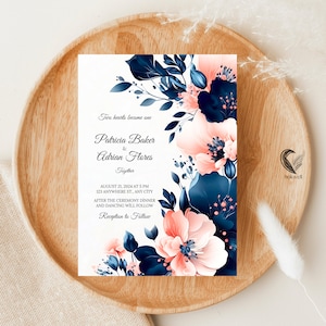 Plantilla de invitación de boda en azul marino y coral, invitaciones con flores en azul marino y coral, invitaciones en azul marino y coral, invitaciones imprimibles