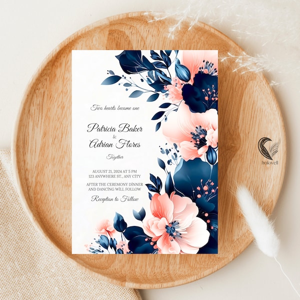 Navy Blue and Coral Wedding Invitation Template, Navy Blue and Coral Flower Invitations, Navy and Coral Invitations, Printable Invitations