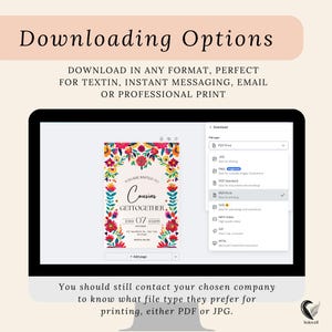 May include: A computer screen displays a digital invitation for a family gathering, with floral decorations. The screen shows download options, including PDF, JPG, and PNG formats. Text at the top reads "Downloading Options."