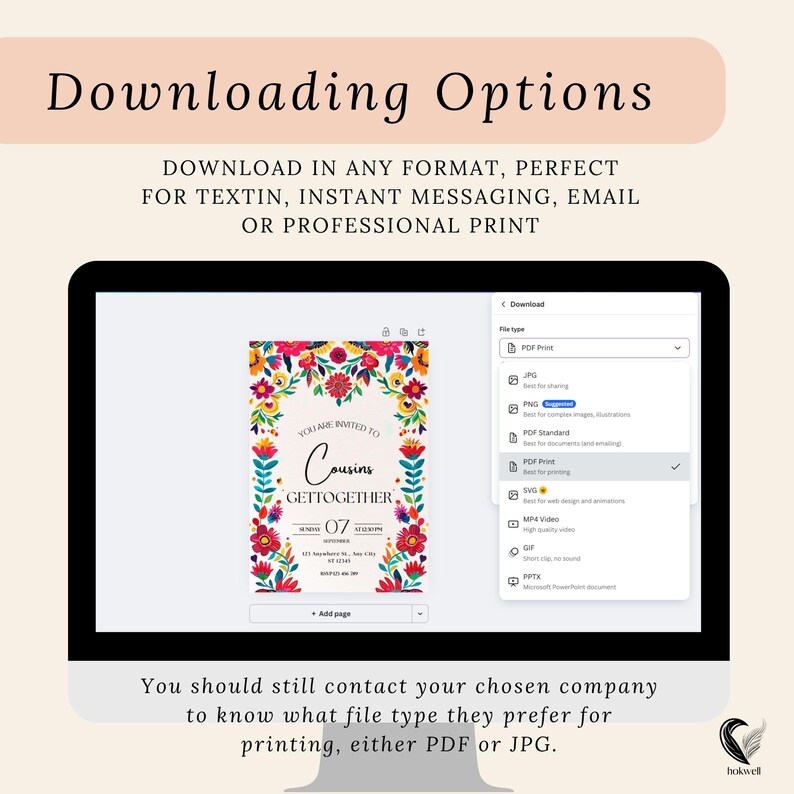 May include: A computer screen displays a digital invitation for a family gathering, with floral decorations. The screen shows download options, including PDF, JPG, and PNG formats. Text at the top reads "Downloading Options."