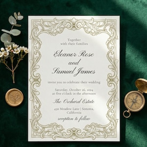 Puede incluir: Invitación de boda con un borde dorado ornamentado. La invitación incluye los nombres Eleanor Rose y Samuel James, detalles del evento e información del lugar. También se ve una brújula dorada y un sello de cera.