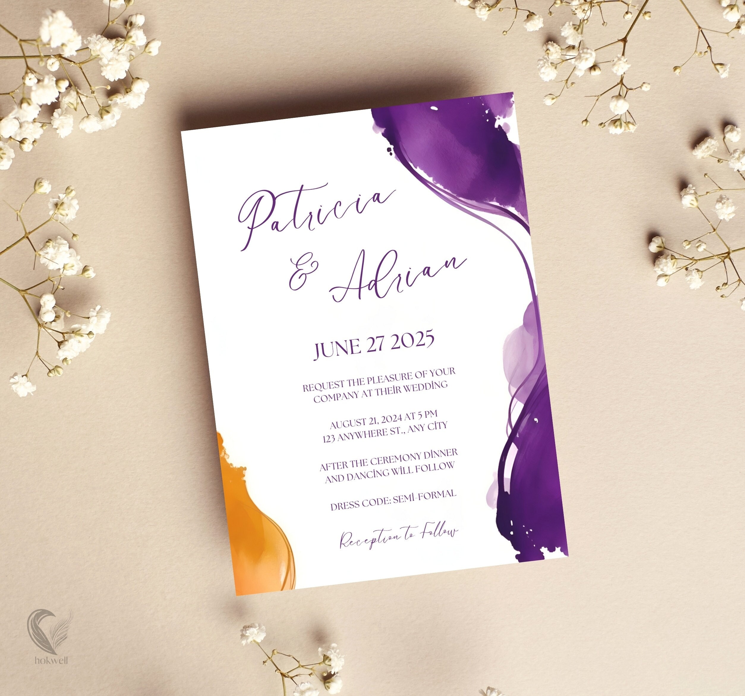 Orange and Purple Wedding Invitations - Etsy, image size:2507x2345