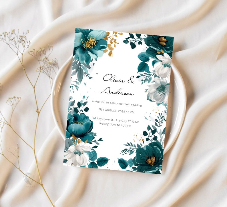 Teal Floral &amp; Gold Leaf Digital Wedding Invitation, Botanical 5x7 ...