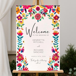 Cartello di benvenuto per matrimonio messicano, poster di benvenuto floreale Fiesta, cartello colorato per matrimonio Talavera, cartello di benvenuto in stile Boho Otomi